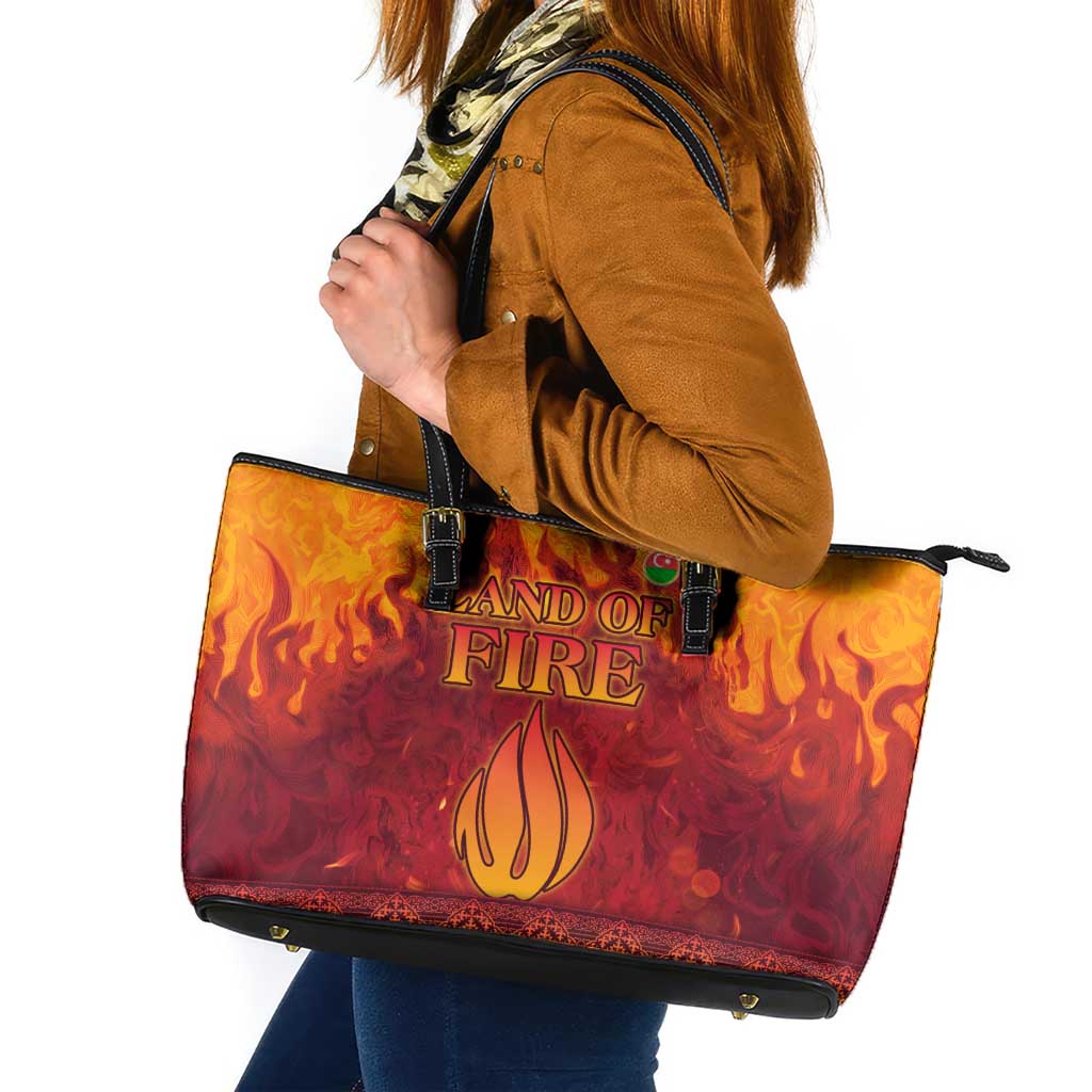 Azerbaijan Land of Fire Leather Tote Bag with Flame Towers and Baku Design