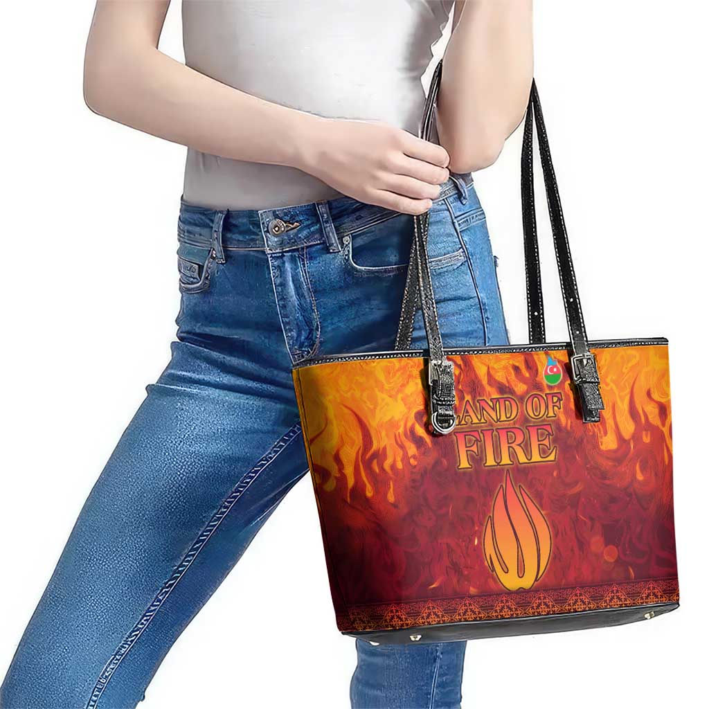 Azerbaijan Land of Fire Leather Tote Bag with Flame Towers and Baku Design