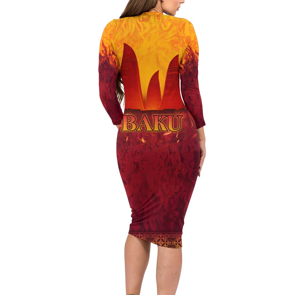 Azerbaijan Land of Fire Long Sleeve Bodycon Dress with Flame Towers and Baku Design
