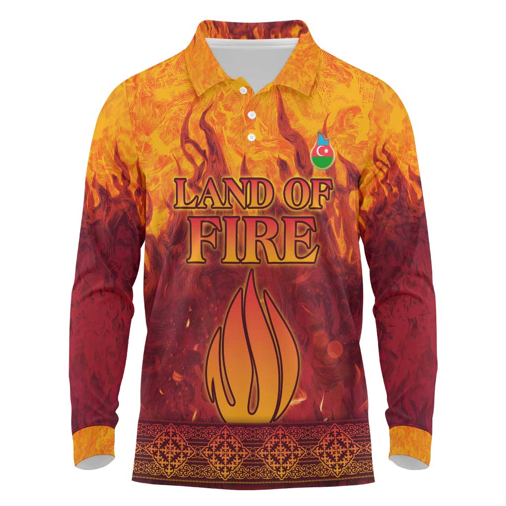 Azerbaijan Land of Fire Long Sleeve Polo Shirt with Flame Towers and Baku Design