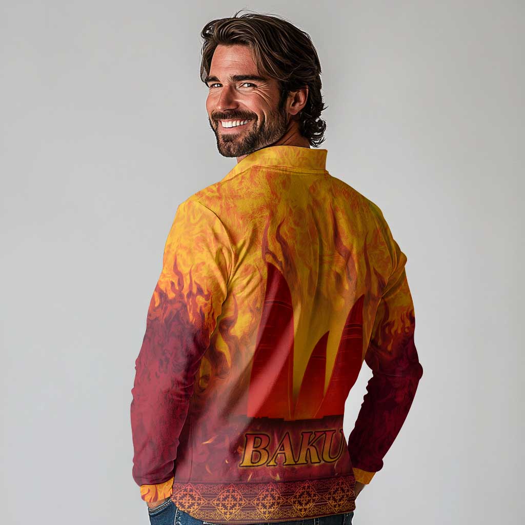 Azerbaijan Land of Fire Long Sleeve Polo Shirt with Flame Towers and Baku Design