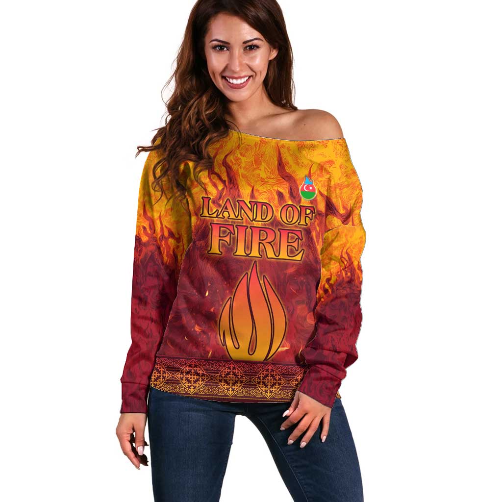 Azerbaijan Land of Fire Off Shoulder Sweater with Flame Towers and Baku Design