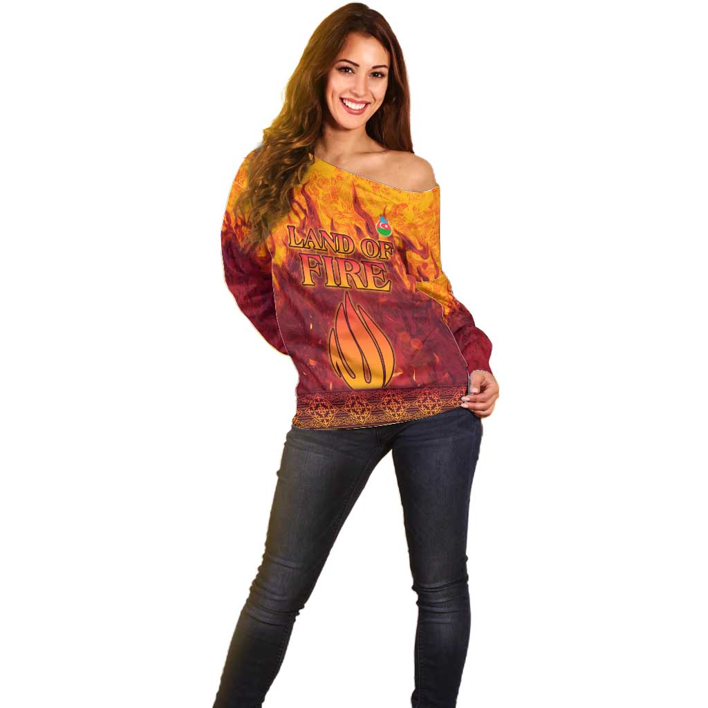 Azerbaijan Land of Fire Off Shoulder Sweater with Flame Towers and Baku Design