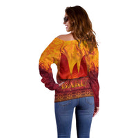 Azerbaijan Land of Fire Off Shoulder Sweater with Flame Towers and Baku Design