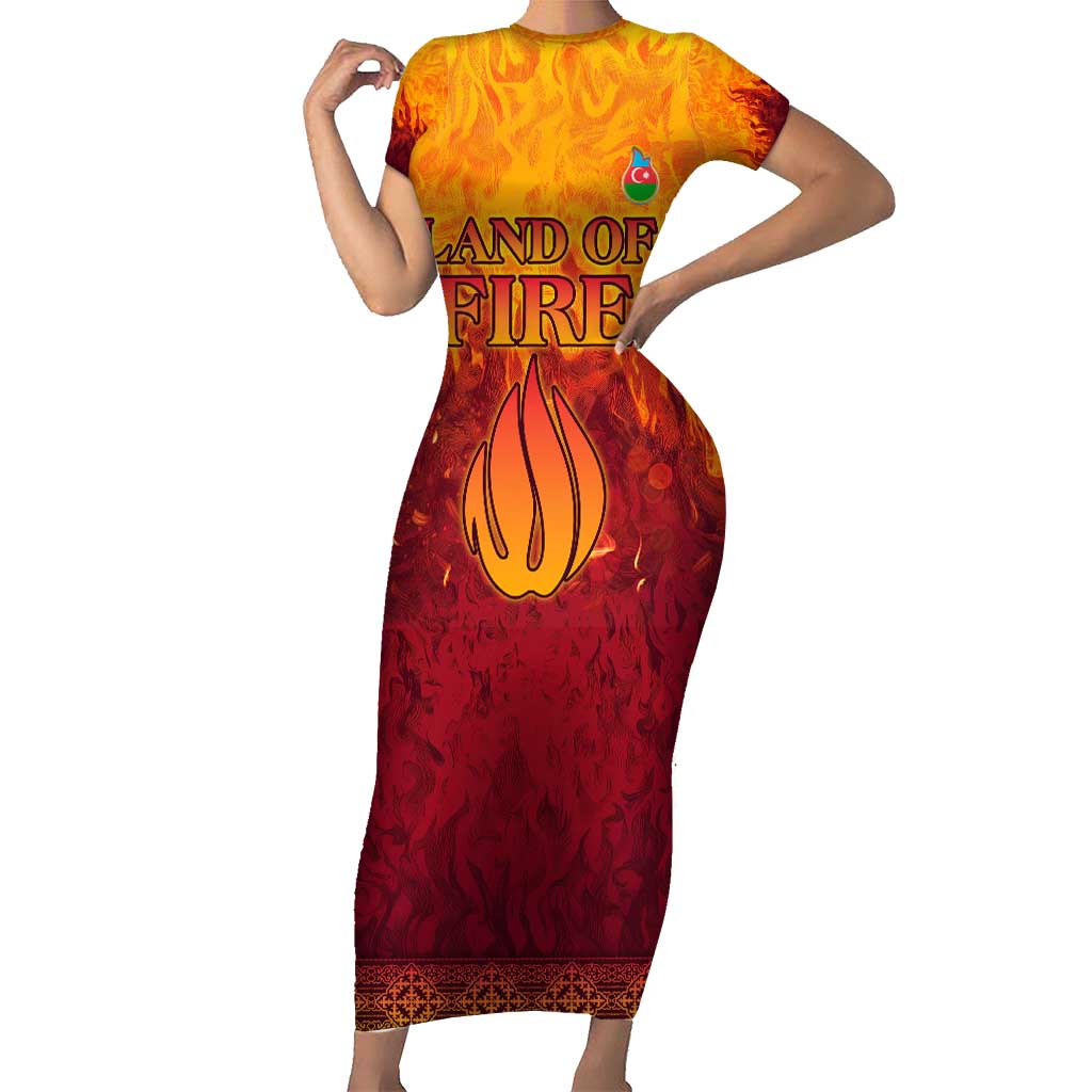 Azerbaijan Land of Fire Short Sleeve Bodycon Dress with Flame Towers and Baku Design