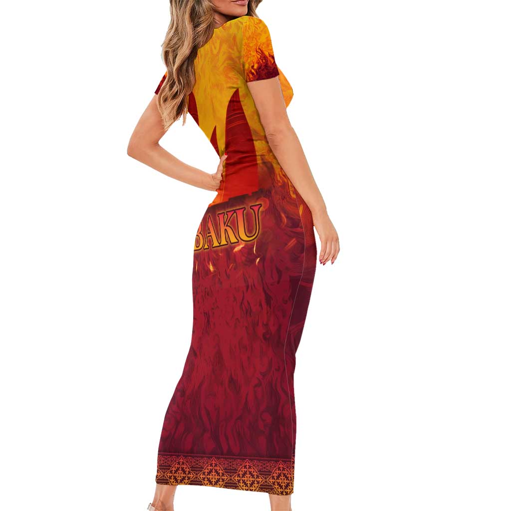 Azerbaijan Land of Fire Short Sleeve Bodycon Dress with Flame Towers and Baku Design