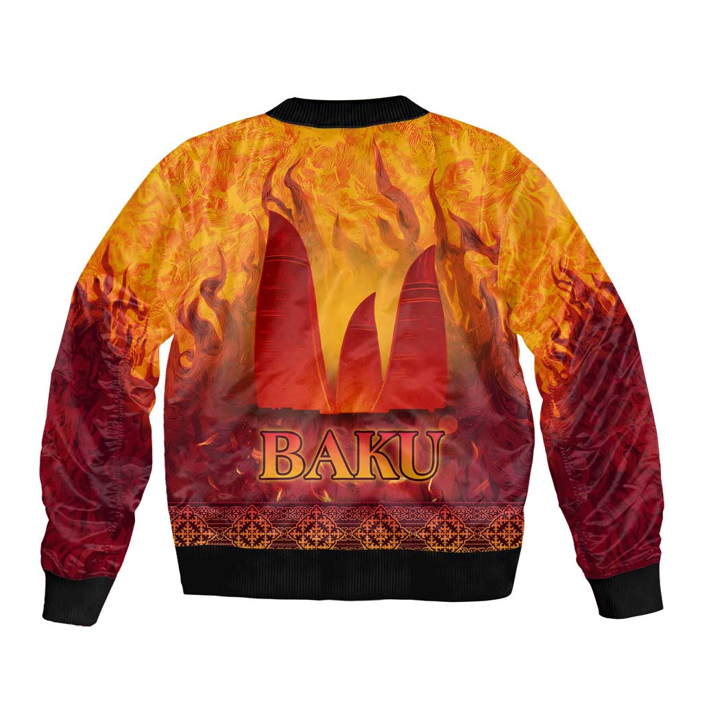 Azerbaijan Land of Fire Sleeve Zip Bomber Jacket with Flame Towers and Baku Design
