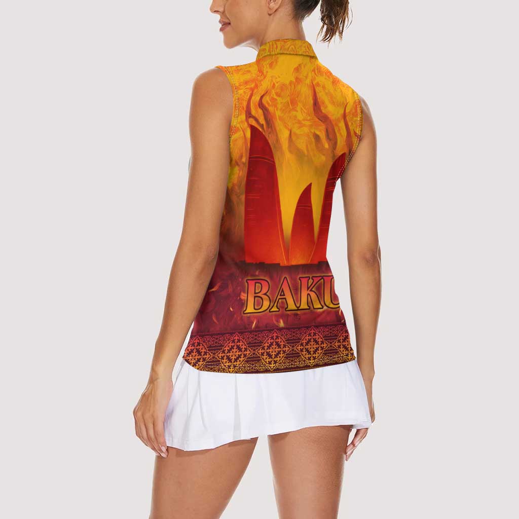 Azerbaijan Land of Fire Women Sleeveless Polo Shirt with Flame Towers and Baku Design
