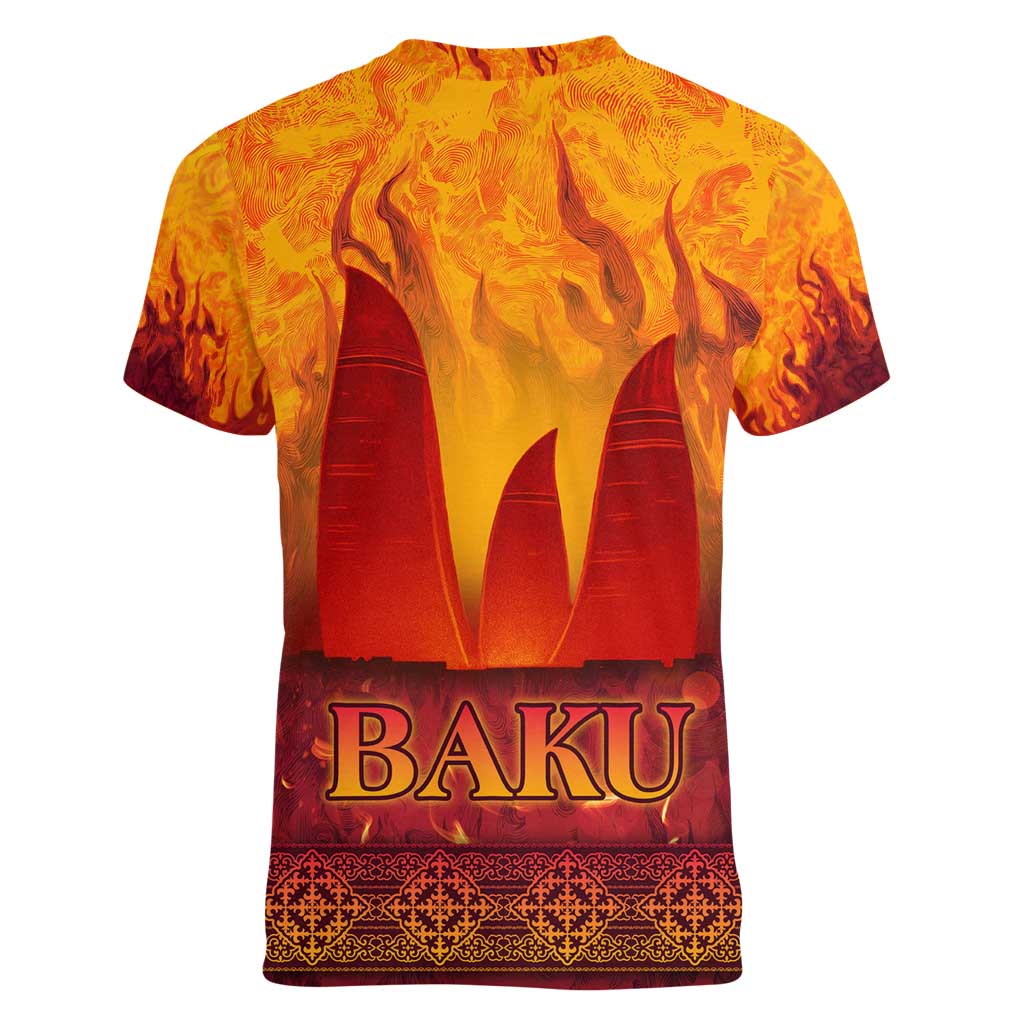 Azerbaijan Land of Fire Women V-Neck T-Shirt with Flame Towers and Baku Design