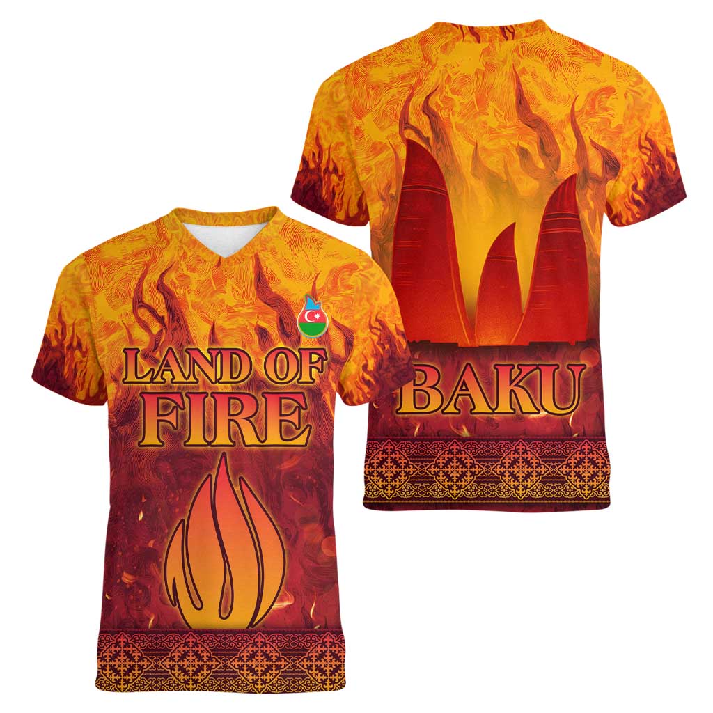 Azerbaijan Land of Fire Women V-Neck T-Shirt with Flame Towers and Baku Design