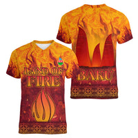 Azerbaijan Land of Fire Women V-Neck T-Shirt with Flame Towers and Baku Design