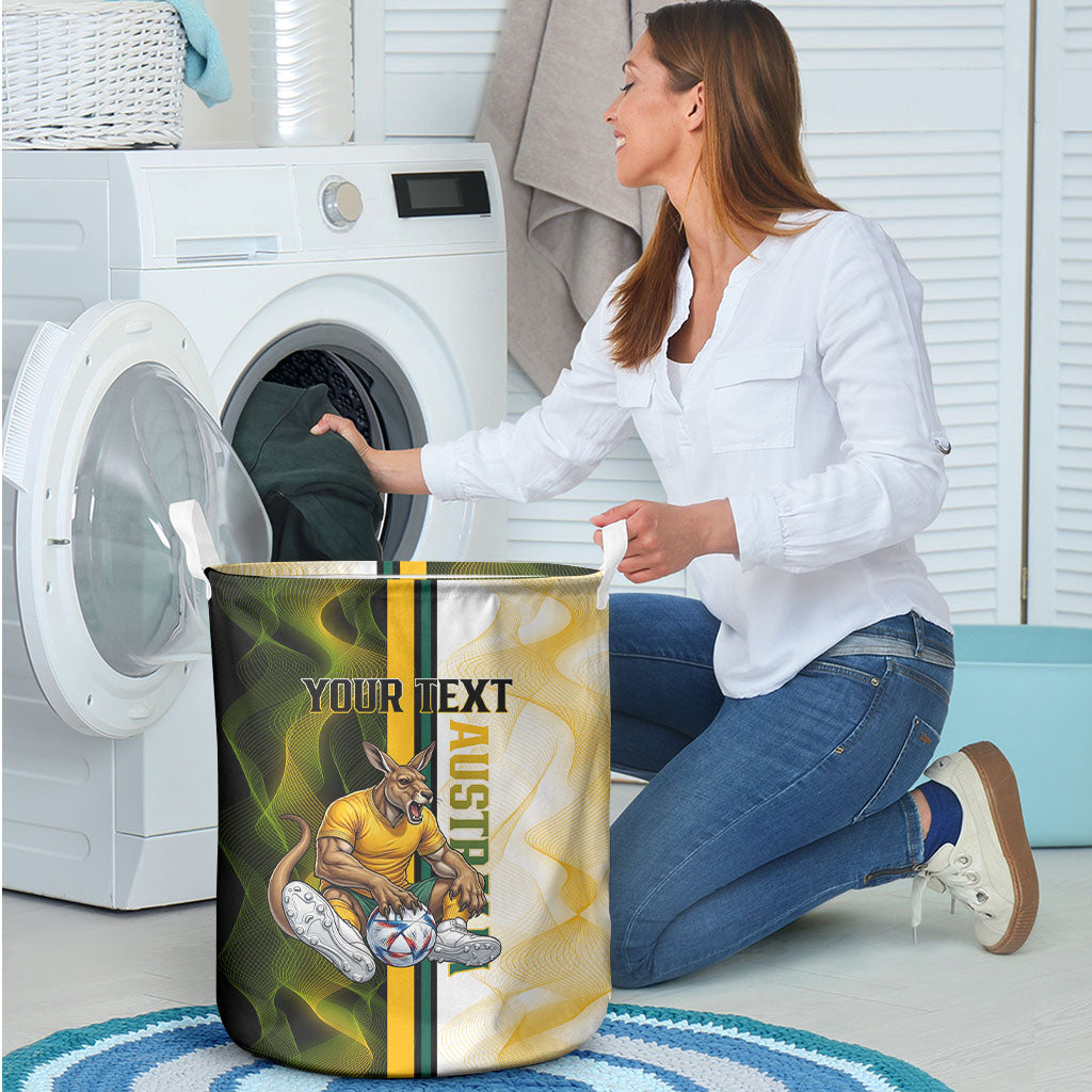 Personalized Australia Soccer Kangaroo Laundry Basket World Football Mascot Green Gold Abstract Wave