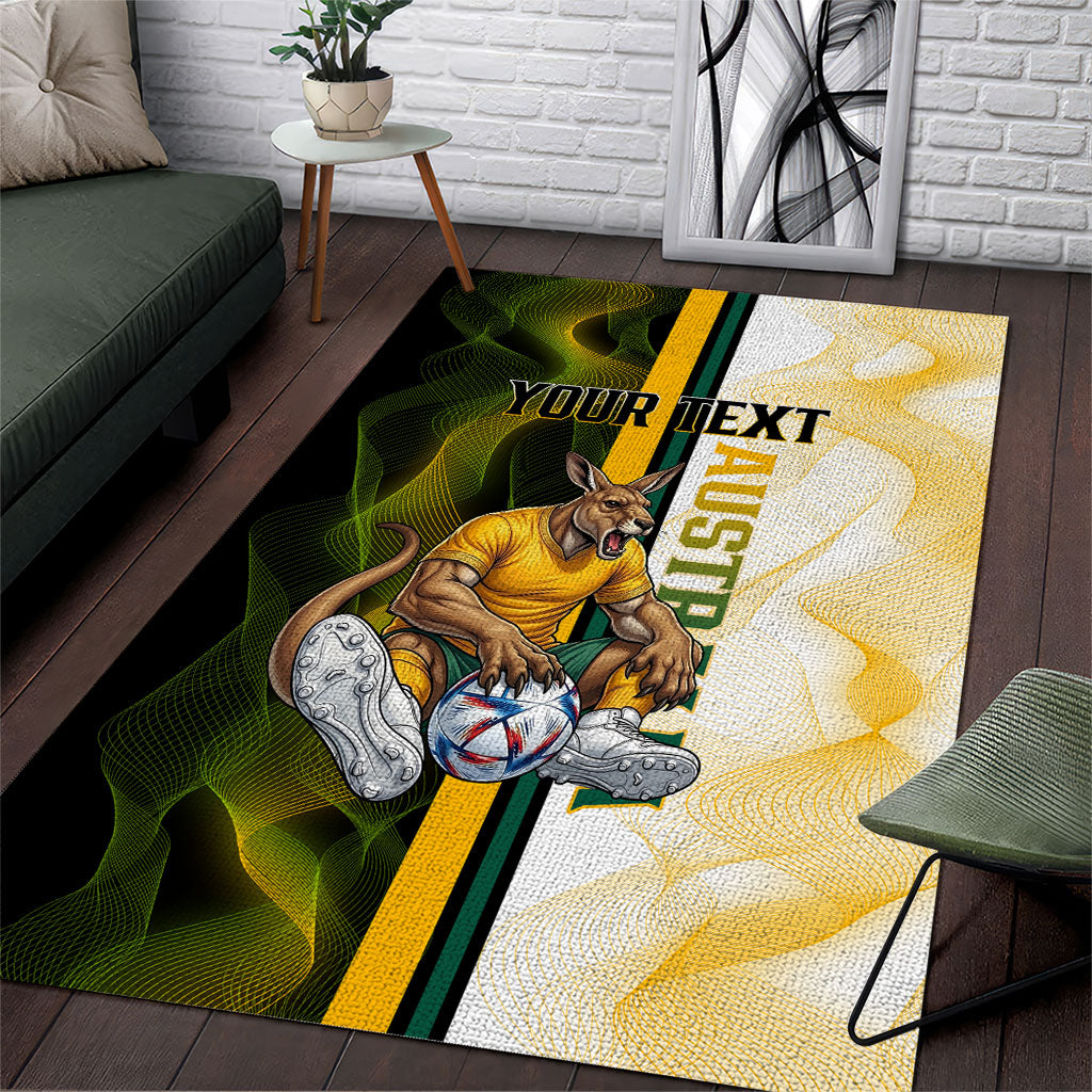 Personalized Australia Soccer Kangaroo Area Rug World Football Mascot Green Gold Abstract Wave