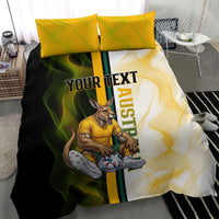 Personalized Australia Soccer Kangaroo Bedding Set World Football Mascot Green Gold Abstract Wave