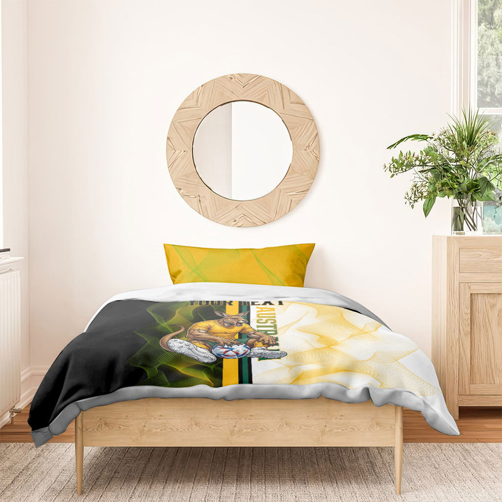 Personalized Australia Soccer Kangaroo Bedding Set World Football Mascot Green Gold Abstract Wave