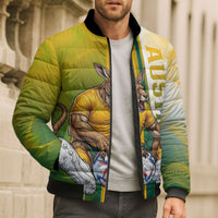 Personalized Australia Soccer Kangaroo Bomber Puffer Jacket World Football Mascot Green Gold Abstract Wave