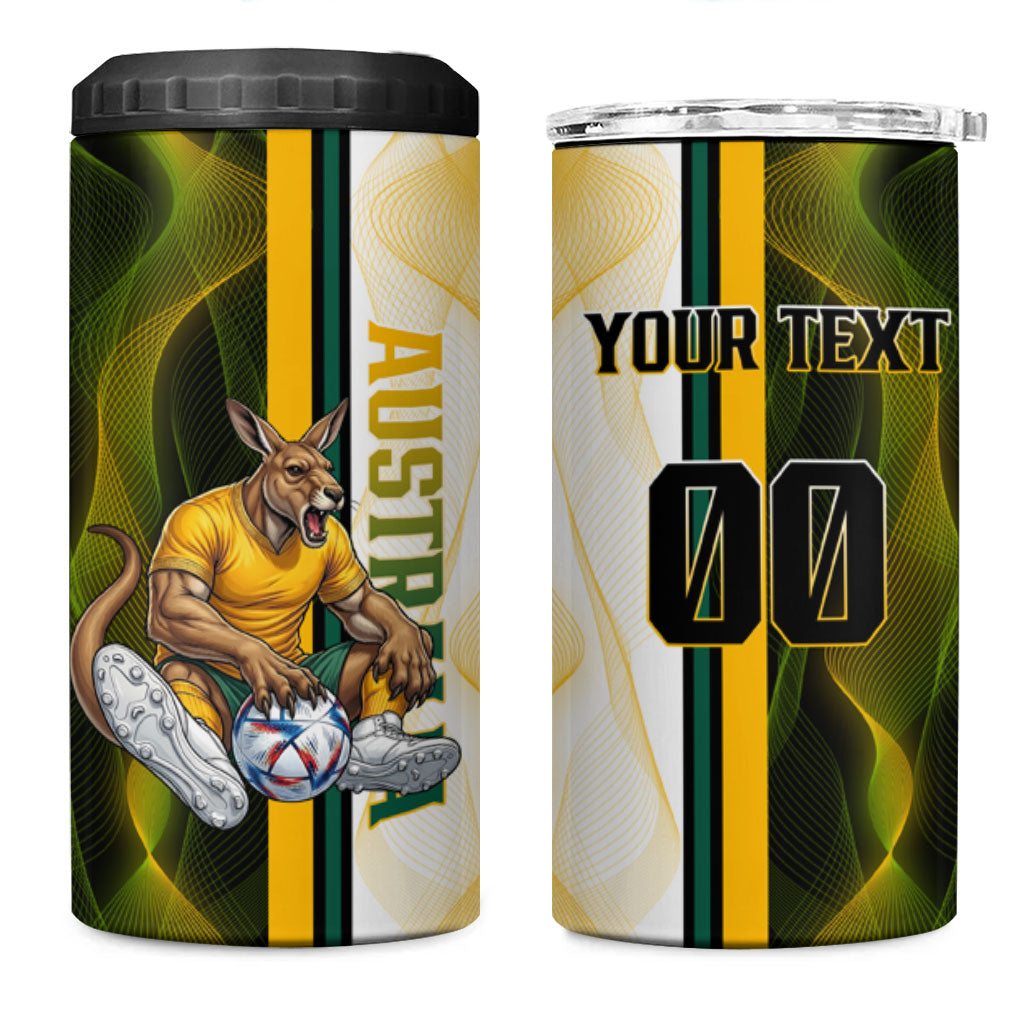 Personalized Australia Soccer Kangaroo 4 in 1 Can Cooler Tumbler World Football Mascot Green Gold Abstract Wave