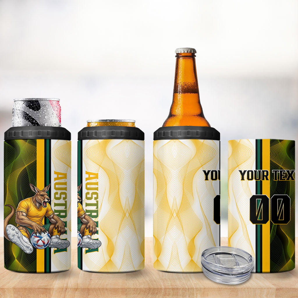 Personalized Australia Soccer Kangaroo 4 in 1 Can Cooler Tumbler World Football Mascot Green Gold Abstract Wave