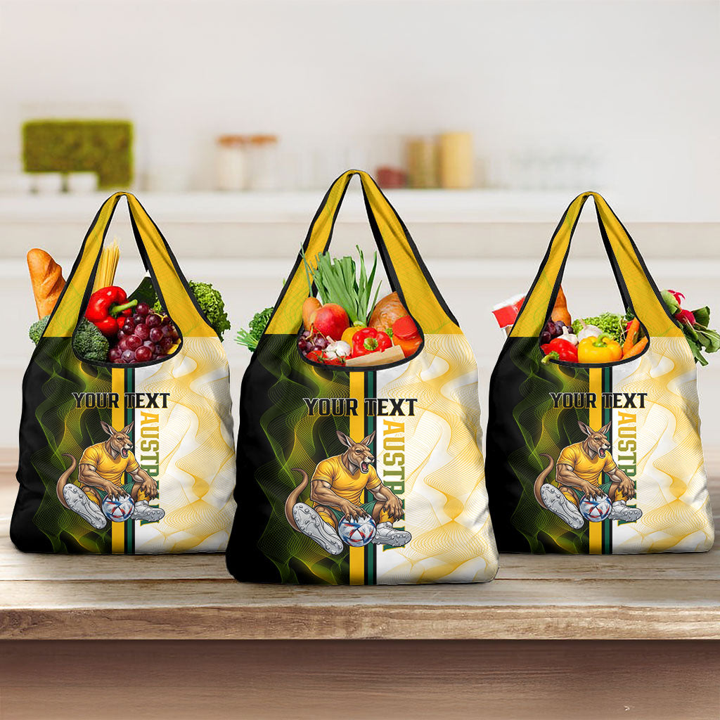Personalized Australia Soccer Kangaroo Grocery Bag World Football Mascot Green Gold Abstract Wave
