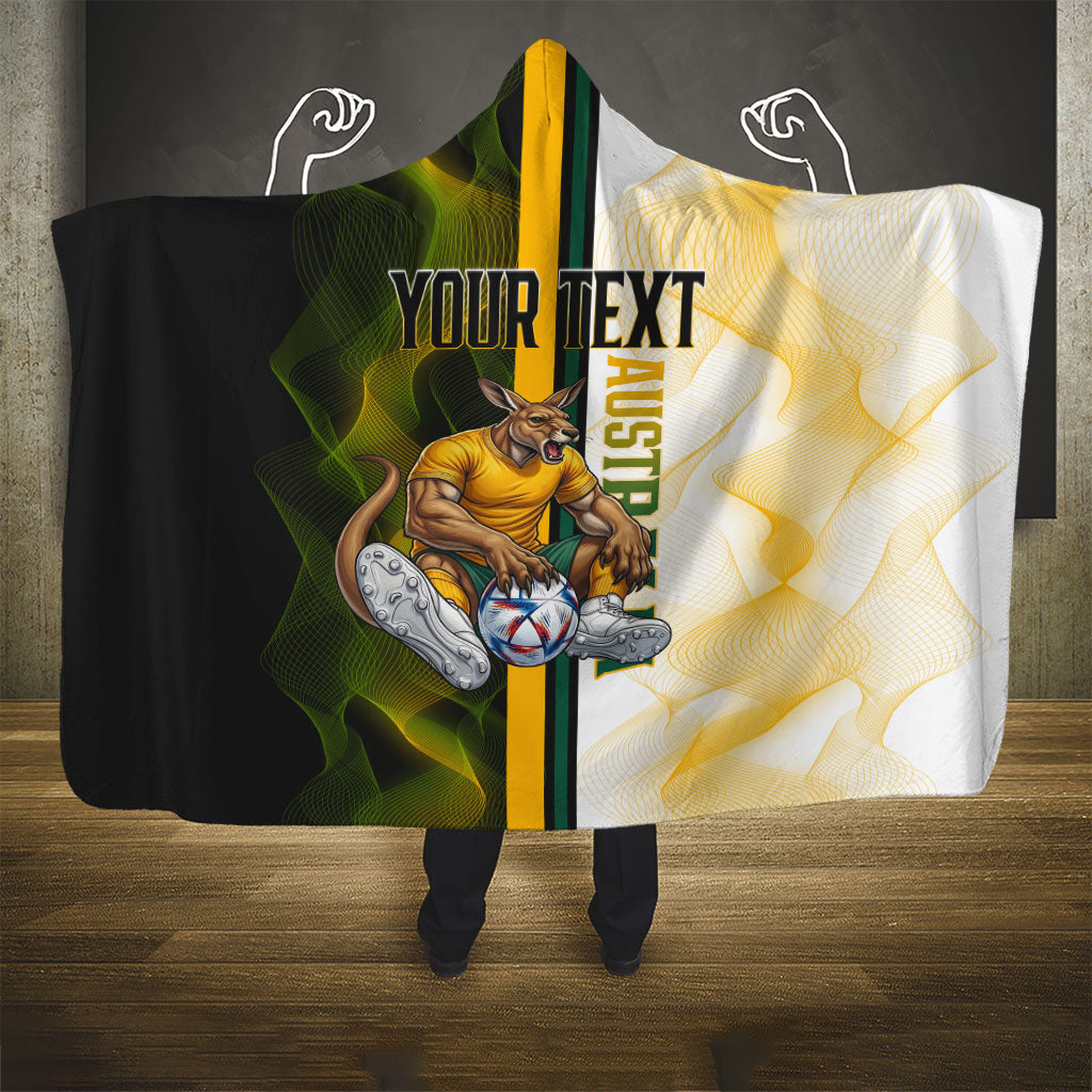Personalized Australia Soccer Kangaroo Hooded Blanket World Football Mascot Green Gold Abstract Wave