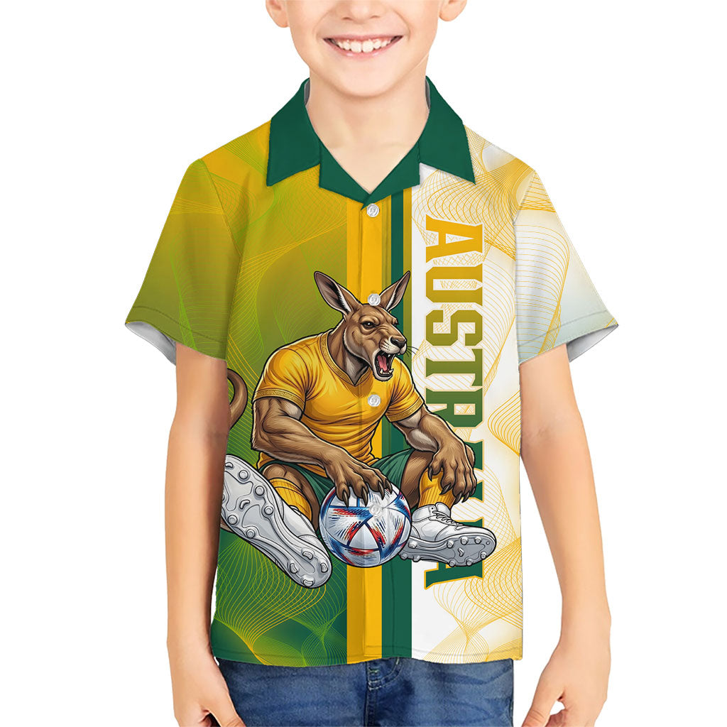 Personalized Australia Soccer Kangaroo Kid Hawaiian Shirt World Football Mascot Green Gold Abstract Wave