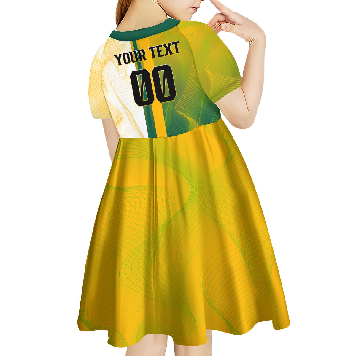 Personalized Australia Soccer Kangaroo Kid Short Sleeve Dress World Football Mascot Green Gold Abstract Wave