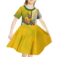 Personalized Australia Soccer Kangaroo Kid Short Sleeve Dress World Football Mascot Green Gold Abstract Wave