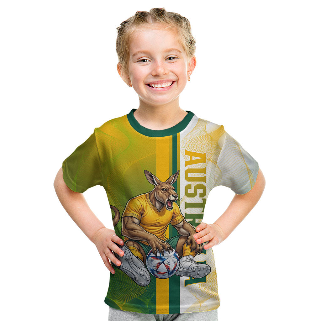 Personalized Australia Soccer Kangaroo Kid T Shirt World Football Mascot Green Gold Abstract Wave