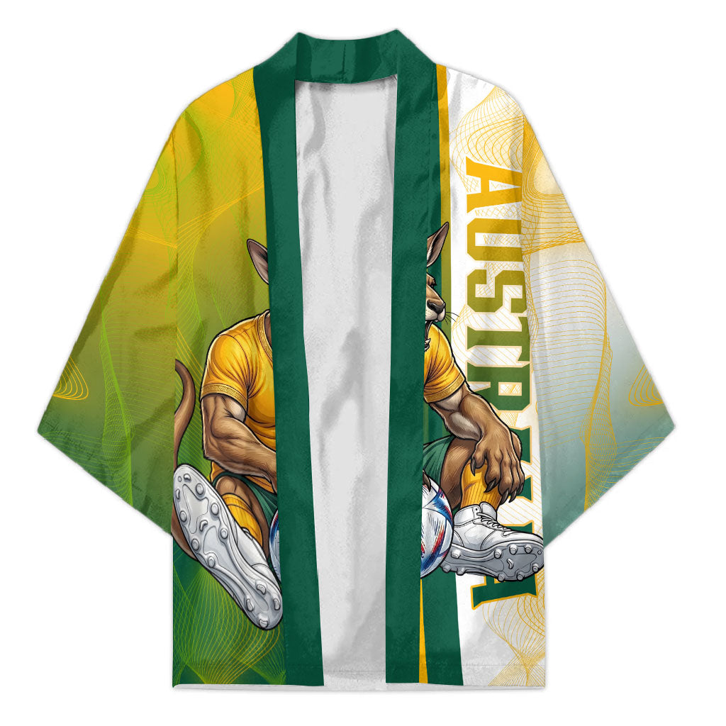 Personalized Australia Soccer Kangaroo Kimono World Football Mascot Green Gold Abstract Wave