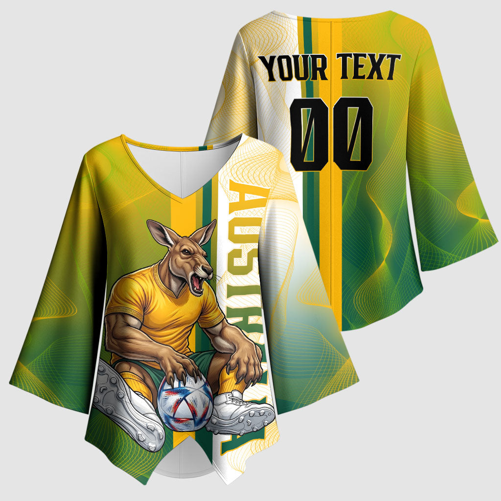 Personalized Australia Soccer Kangaroo Kimono Sleeve Blouse World Football Mascot Green Gold Abstract Wave