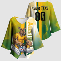 Personalized Australia Soccer Kangaroo Kimono Sleeve Blouse World Football Mascot Green Gold Abstract Wave