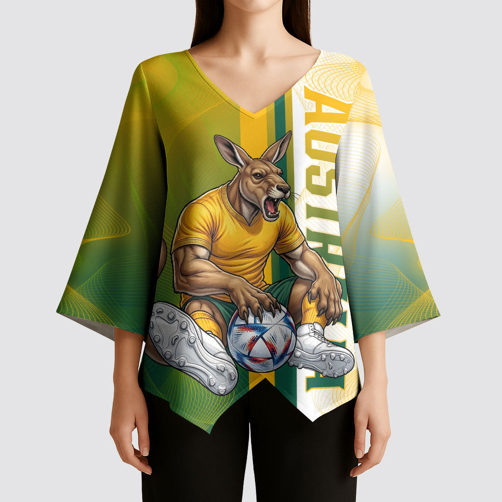 Personalized Australia Soccer Kangaroo Kimono Sleeve Blouse World Football Mascot Green Gold Abstract Wave