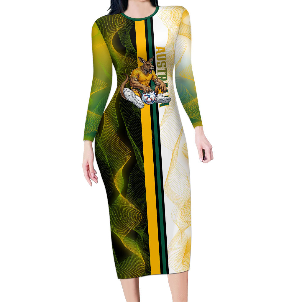 Personalized Australia Soccer Kangaroo Long Sleeve Bodycon Dress World Football Mascot Green Gold Abstract Wave