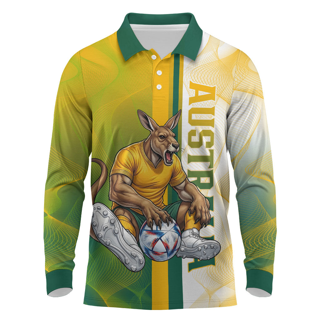 Personalized Australia Soccer Kangaroo Long Sleeve Polo Shirt World Football Mascot Green Gold Abstract Wave