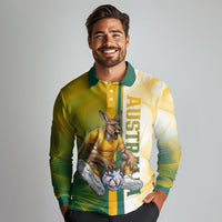 Personalized Australia Soccer Kangaroo Long Sleeve Polo Shirt World Football Mascot Green Gold Abstract Wave