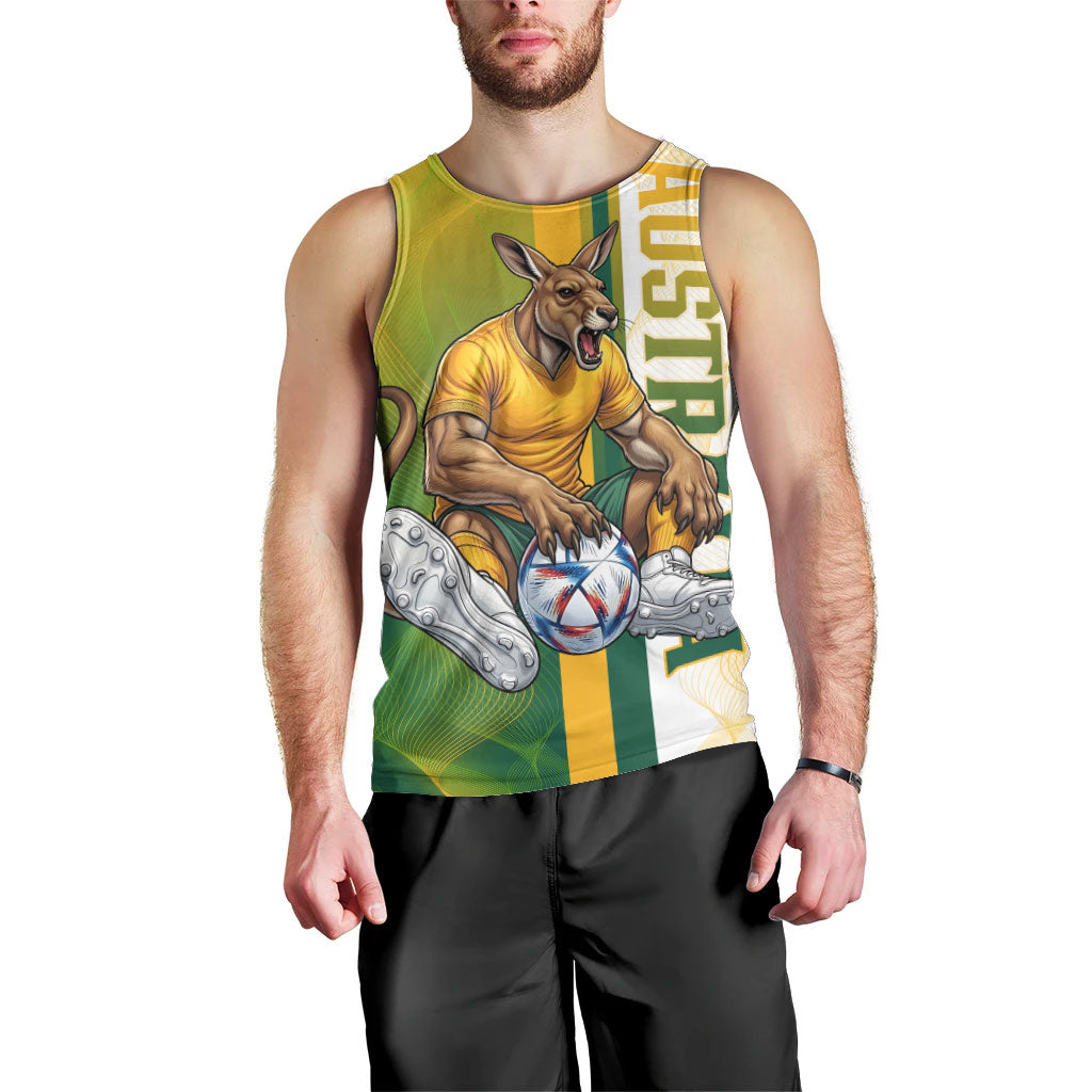 Personalized Australia Soccer Kangaroo Men Tank Top World Football Mascot Green Gold Abstract Wave