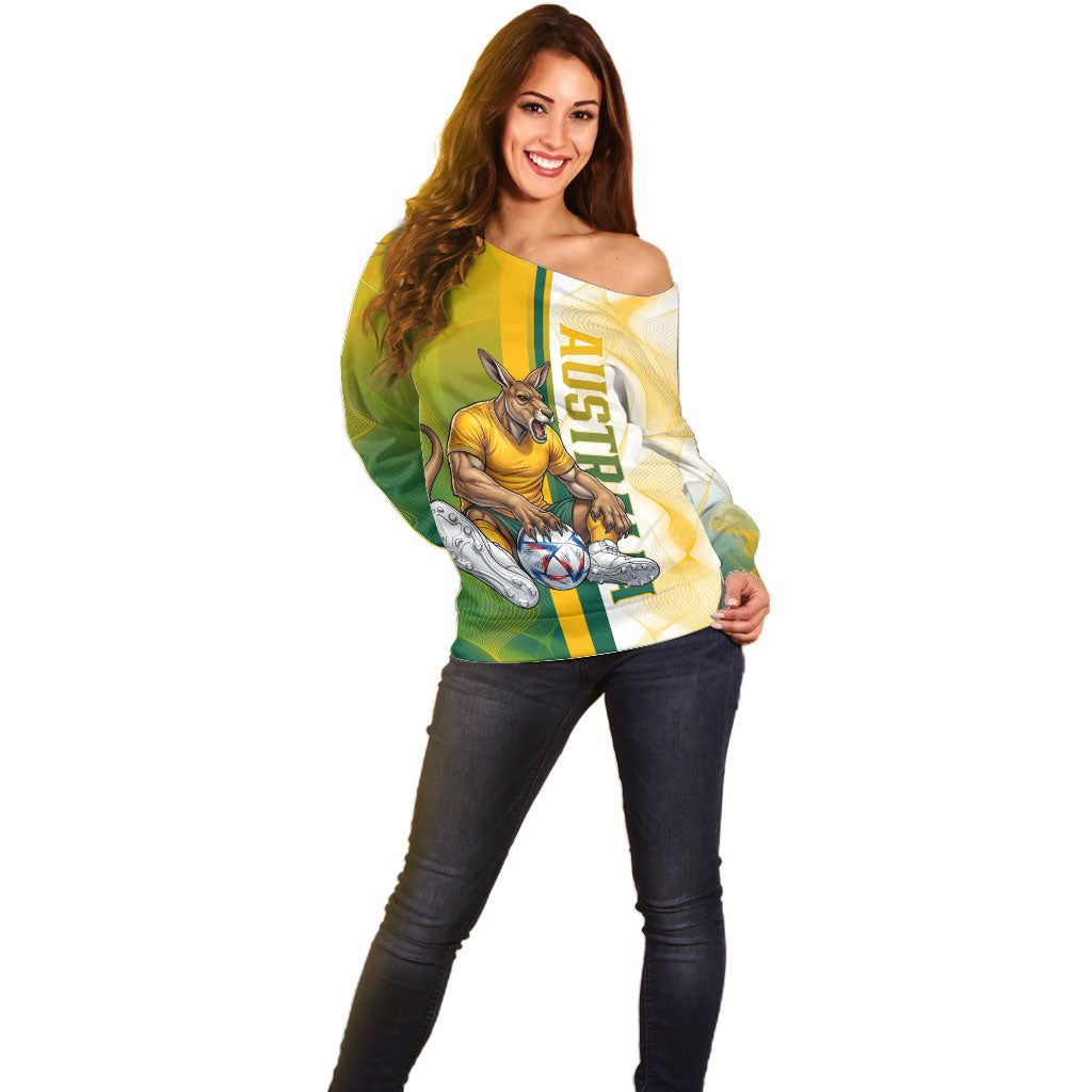 Personalized Australia Soccer Kangaroo Off Shoulder Sweater World Football Mascot Green Gold Abstract Wave