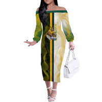 Personalized Australia Soccer Kangaroo Off The Shoulder Long Sleeve Dress World Football Mascot Green Gold Abstract Wave