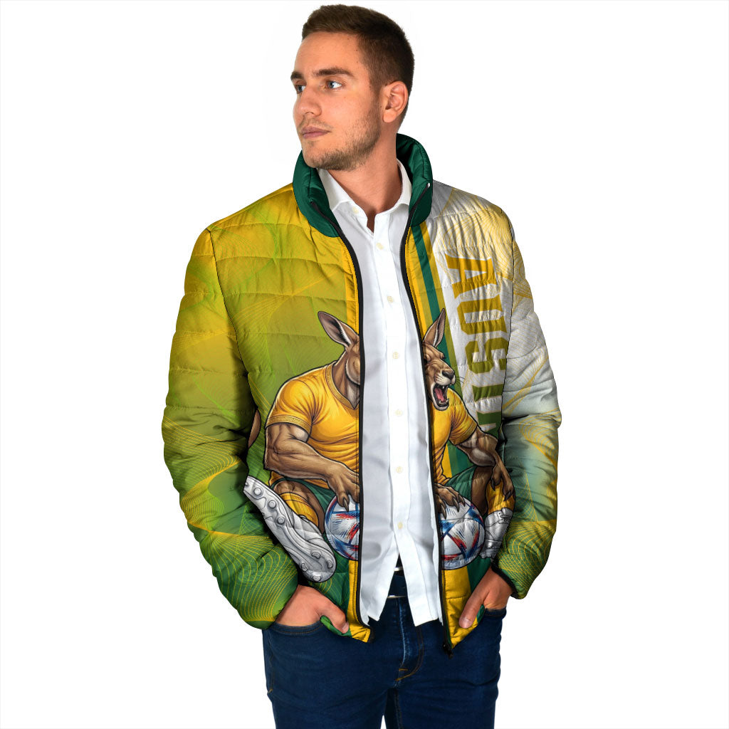 Personalized Australia Soccer Kangaroo Padded Jacket World Football Mascot Green Gold Abstract Wave