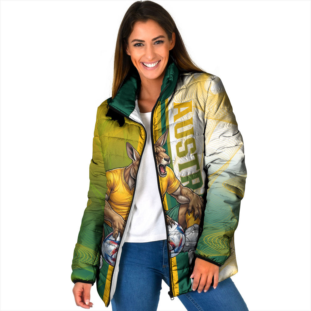 Personalized Australia Soccer Kangaroo Padded Jacket World Football Mascot Green Gold Abstract Wave