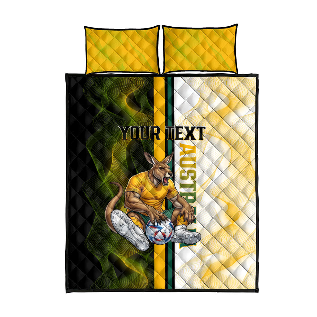 Personalized Australia Soccer Kangaroo Quilt Bed Set World Football Mascot Green Gold Abstract Wave