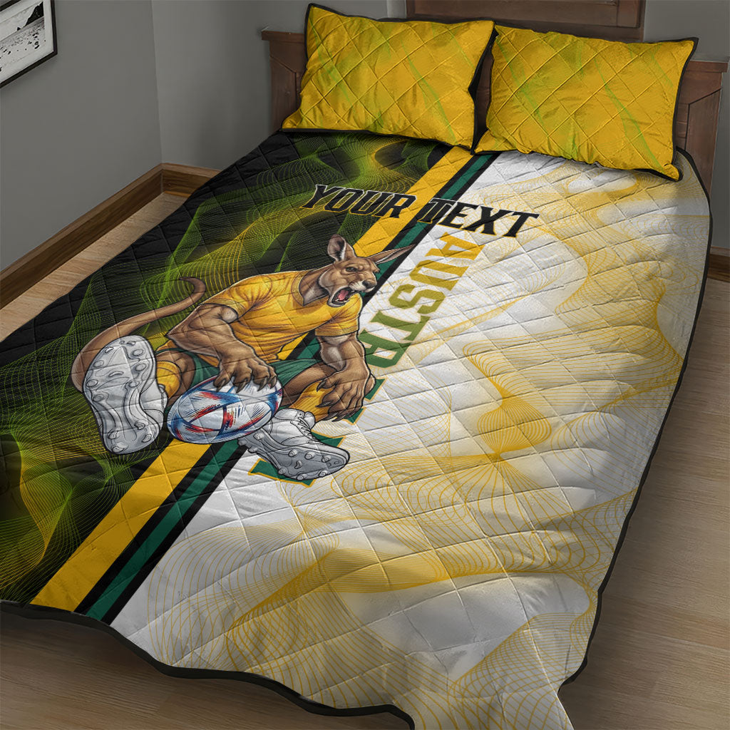Personalized Australia Soccer Kangaroo Quilt Bed Set World Football Mascot Green Gold Abstract Wave