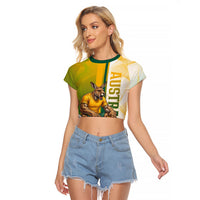 Personalized Australia Soccer Kangaroo Raglan Cropped T Shirt World Football Mascot Green Gold Abstract Wave