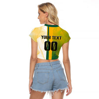 Personalized Australia Soccer Kangaroo Raglan Cropped T Shirt World Football Mascot Green Gold Abstract Wave
