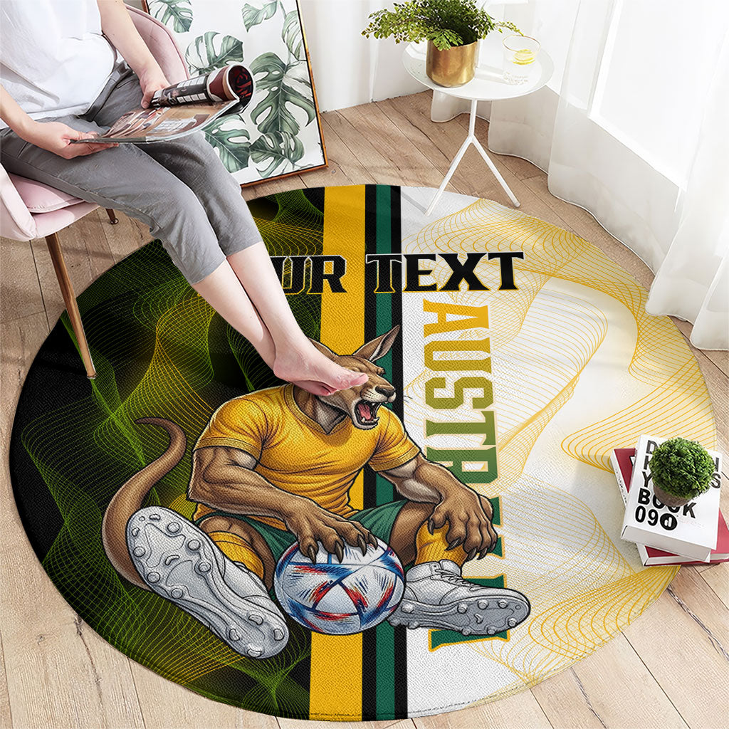 Personalized Australia Soccer Kangaroo Round Carpet World Football Mascot Green Gold Abstract Wave