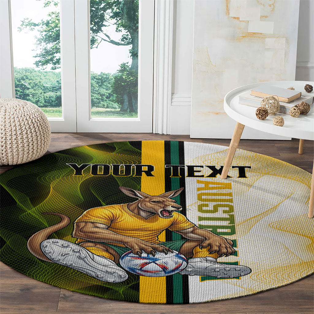 Personalized Australia Soccer Kangaroo Round Carpet World Football Mascot Green Gold Abstract Wave