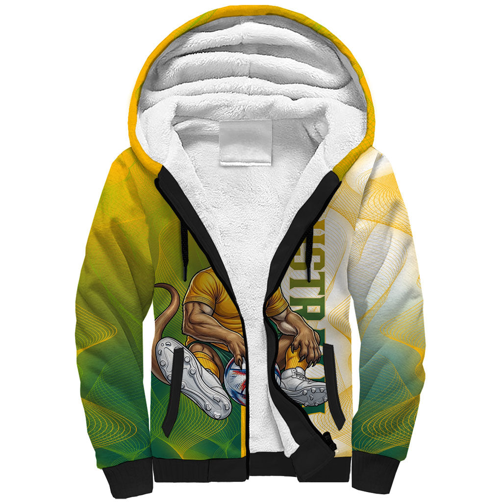 Personalized Australia Soccer Kangaroo Sherpa Hoodie World Football Mascot Green Gold Abstract Wave