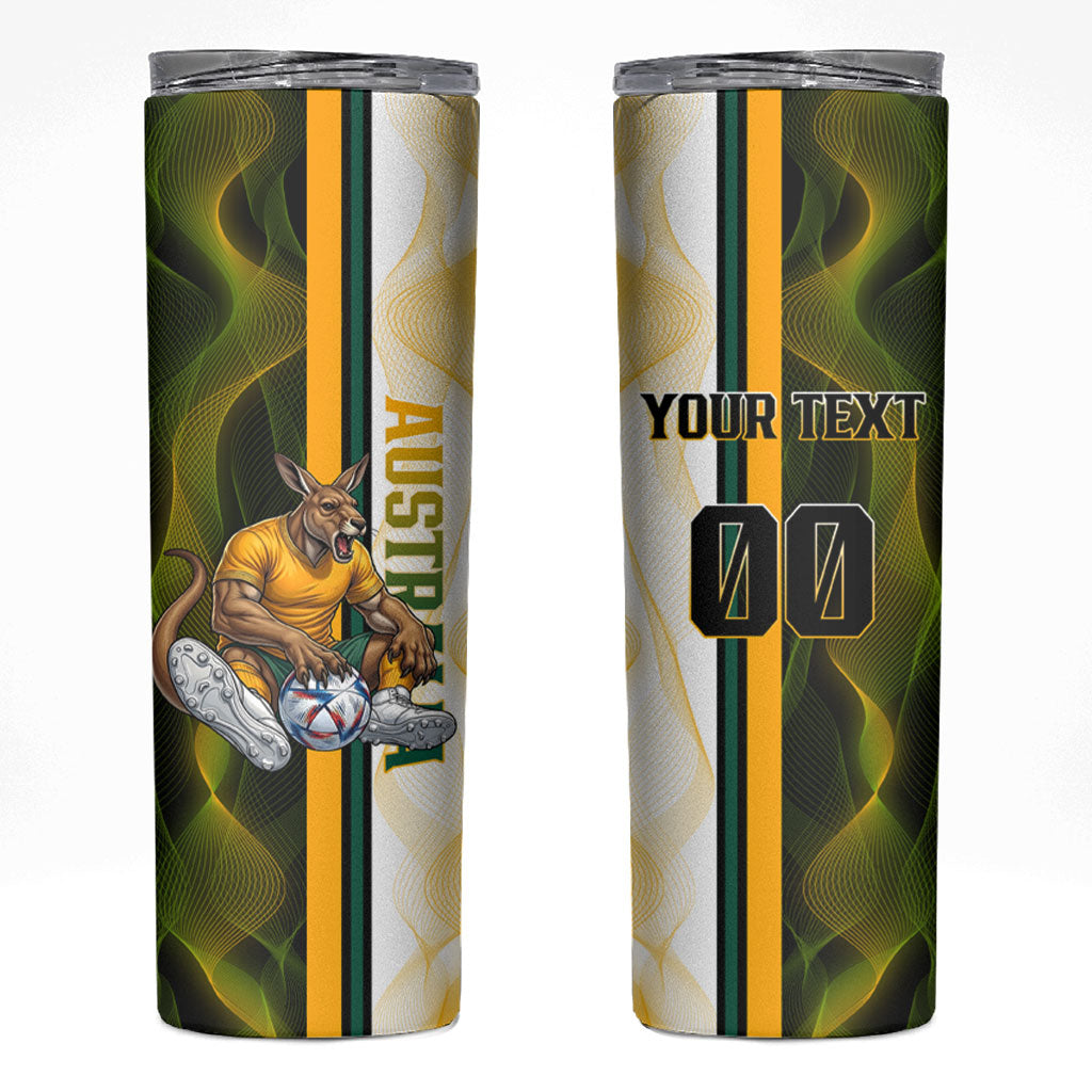 Personalized Australia Soccer Kangaroo Skinny Tumbler World Football Mascot Green Gold Abstract Wave