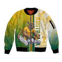 Personalized Australia Soccer Kangaroo Sleeve Zip Bomber Jacket World Football Mascot Green Gold Abstract Wave