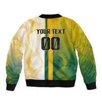 Personalized Australia Soccer Kangaroo Sleeve Zip Bomber Jacket World Football Mascot Green Gold Abstract Wave